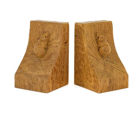 Workshop of Robert Mouseman Thompson (Kilburn): A Pair of English Oak Single Mouse Bookends, each with carved mouse trademark