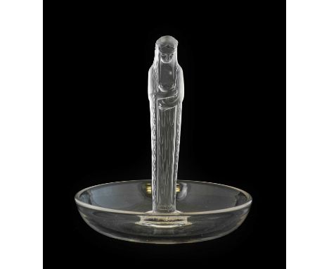 René Lalique (French, 1860-1945): Statuette de la Fontaine: A Frosted and Clear Glass Cendrier, of circular section modelled 