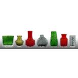 Whitefriars - Geoffrey Baxter: A Group of Seven Textured Range Glass Vases, in ruby, meadow green,