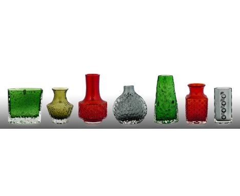 Whitefriars - Geoffrey Baxter: A Group of Seven Textured Range Glass Vases, in ruby, meadow green, pewter and sage green, pat