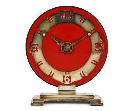 An Art Deco German Kienzle Chrome Plated Mantel Timepiece, attributed to Heinrich Johannes Moller, the circular red face with