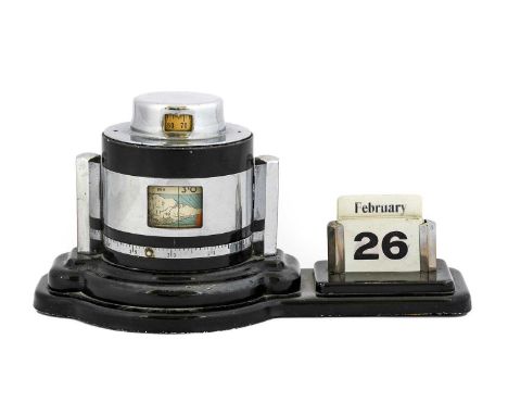 A 1930s Art Deco Odeon Chrome and Black Painted Desk Calendar Barometer, with circular Odeon barometer enclosed by two chrome