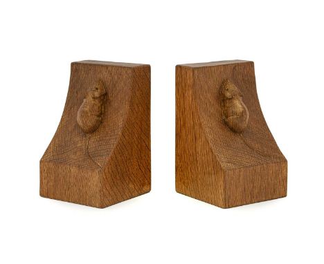 Workshop of Robert Mouseman Thompson (Kilburn): A Pair of English Oak Single Mouse Bookends, post 1970's, each with carved mo