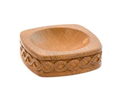 Woodpeckerman: Stan Dodds (1928-2012): An English Oak Pin Dish, square section form with a band of celtic carving, with carve