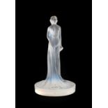 René Lalique (French, 1860-1945): Statuette Drapee: An Opalescent and Blue Stained Glass Cachet Desk