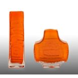 Whitefriars - Geoffrey Baxter: Two Textured Range Glass Vases, in tangerine, pattern 9671/9677, 1967