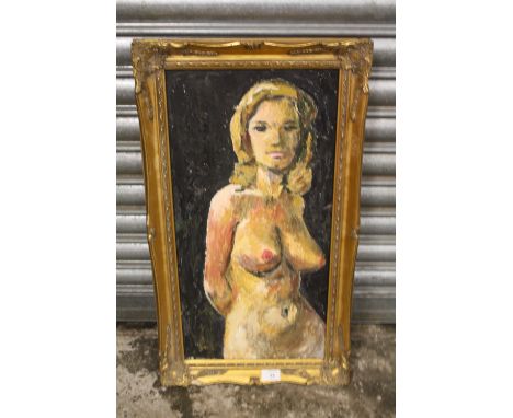 A GILT FRAMED OIL ON BOARD PORTRAIT STUDY OF A FEMALE NUDE 