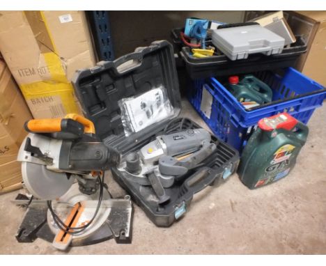 A CIRCULAR SAW TOGETHER WITH A CASED HANDHELD TITAN EXAMPLE, BOTTLES OF CASTROL MAGNATEC, MIXED TOOLS ETC