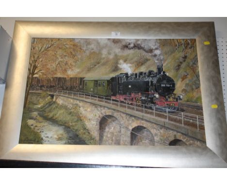 A LARGE FRAMED OIL ON BOARD OF A STEAM ENGINE SIGNED G D WOOD