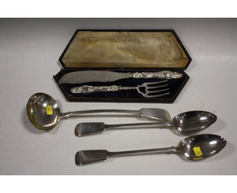 A SILVER PLATED FISH SERVERS TOGETHER WITH  SOUP LADLE AND TWO BASTING SPOONS 