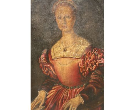AN UNFRAMED OIL ON CANVAS PORTRAIT STUDY OF A SEATED LADY IN CLASSICAL DRESS 