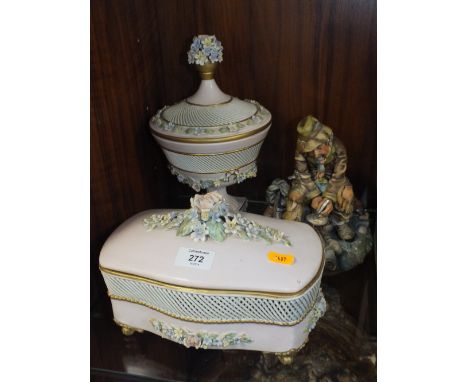 TWO FLORAL CERAMIC CAPO DI MONTE BOXES TOGETHER WITH A CAPODIMONTE FIGURE (3) 
