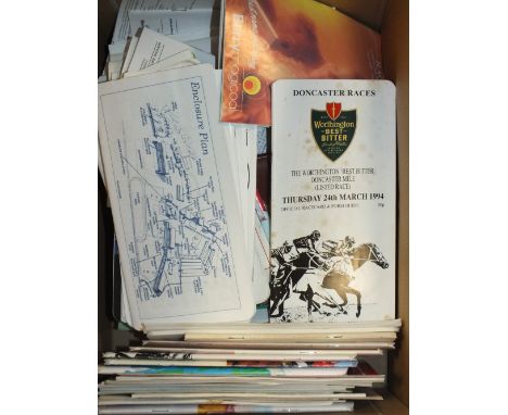 A FRAMED AND GLAZED SIGNED LIMITED EDITION PRINT OF DESERT ORCHID 97/750 TOGETHER WITH A BOX OF HORSE RACING PROGRAMMES