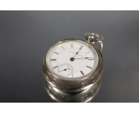 AN ILLINOIS WATCH CO. WHITE METAL POCKET WATCH, the white ceramic dial with Roman numerals, outer minute track and subsidiary