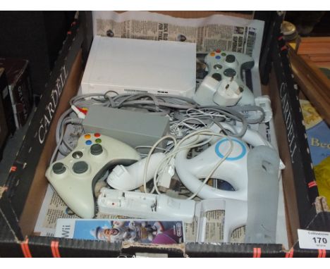 TWO TRAYS OF GAMES CONSOLE ACCESSORIES TO INC A Wii CONSOLE, XBOX CONTROLLERS ETC