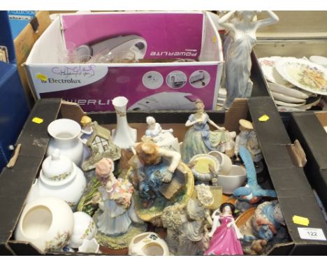 A TRAY OF CERAMIC FIGURES ETC TOGETHER WITH A BOX OF CUT GLASS