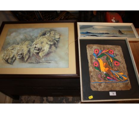  FRAMED AND GLAZED TRIBAL STYLE PAINTING OF A TROPICAL BIRD, TOGETHER WITH A SIGNED OIL ON BOARD SEASCAPE AND A PRINT OF LION