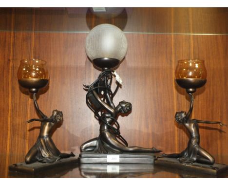 AN ART DECO STYLE FIGURATIVE TABLE LAMP AND TWO MATCHING CANDLESTICKS 