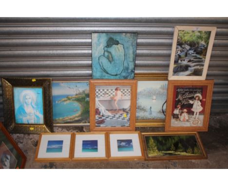 A COLLECTION OF ASSORTED PICTURES AND PRINTS TO INCLUDE OIL PAINTINGS, PICASSO PRINT ETC. 