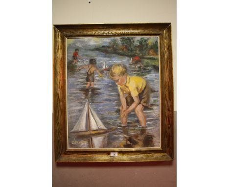 E.M.M.T. Modern British school, study of children paddling and playing with toy sail boats, signed with initials lower left, 