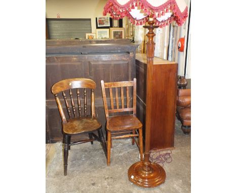 TWO VINTAGE COUNTRY STYLE KITCHEN CHAIRS TOGETHER WITH A REPRODUCTION STANDARD LAMP &amp; SHADE