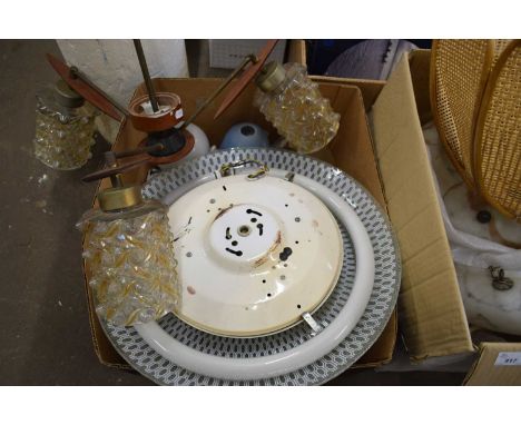 BOX OF VINTAGE GLASS LIGHT SHADES, RETRO THREE BRANCH CEILING LIGHT AND OTHERS