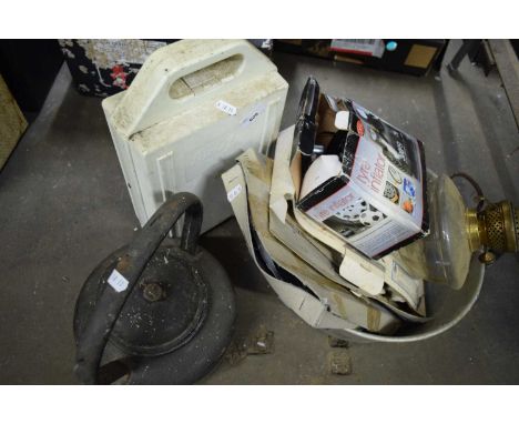 MIXED LOT ALUMINIUM PAN, ENAMEL KETTLE, OIL LAMP FONT ETC