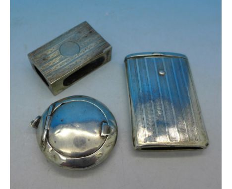 A silver matchbox holder, vesta case and compact, a/f