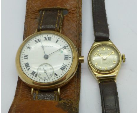 A 9ct gold cased Waltham wristwatch, lacking button, and a lady's 9ct gold cased Rotary wristwatch