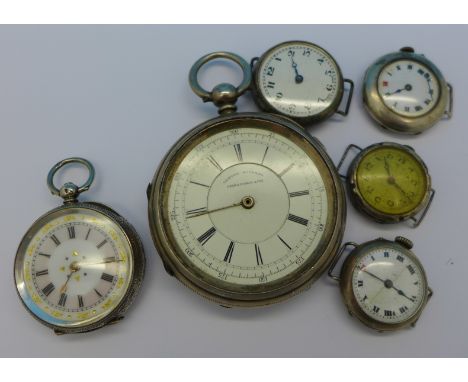 Six silver cased watches including centre seconds chronograph, Harris & Sons, London & Manchester, a/f