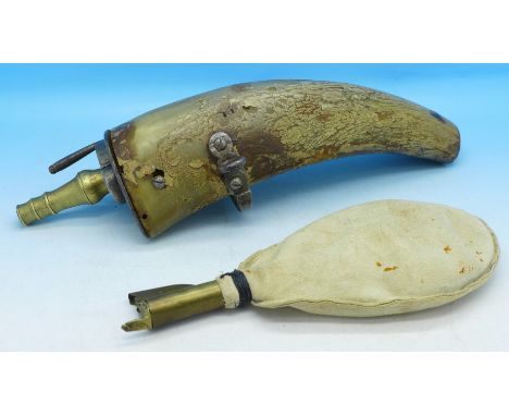 A 19th Century horn powder flask, a/f, and pigskin shot holder