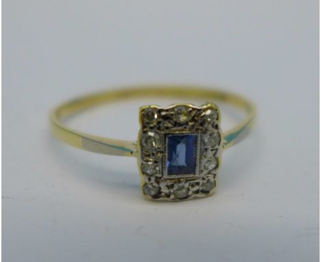 An 18ct gold, platinum, diamond and sapphire set Art Deco ring, 1.4g, P