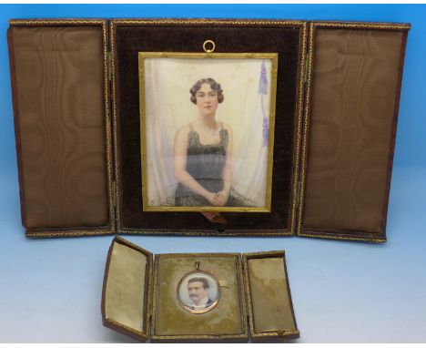 A 9ct gold framed oval portrait miniature of an Edwardian gentleman and a watercolour on ivory plaque of an Edwardian lady, s