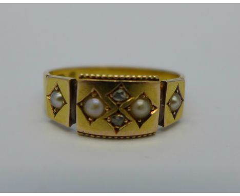 A Victorian 15ct gold, pearl and diamond ring, Birmingham 1877, 2.6g, M