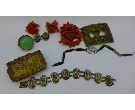 A Norne silver and enamel bracelet, a silver and green stone ring marked China, L, coral, a buckle, a box and a bracelet, (ca