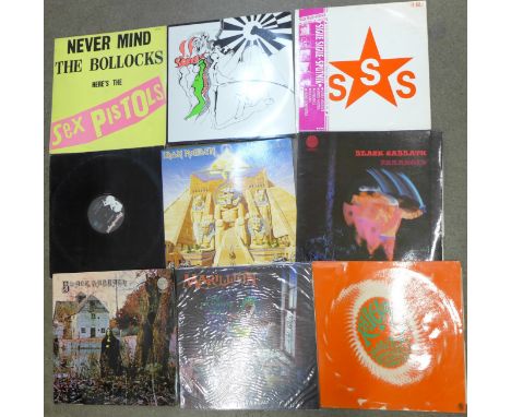 Thirteen LP records and two 12" singles including Sex Pistols Never Mind (French Issue), Pretty Things, Black Sabbath, Iron M