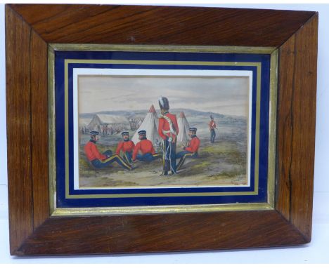 A rosewood framed hand coloured print of soldiers at camp, signed HM lower right