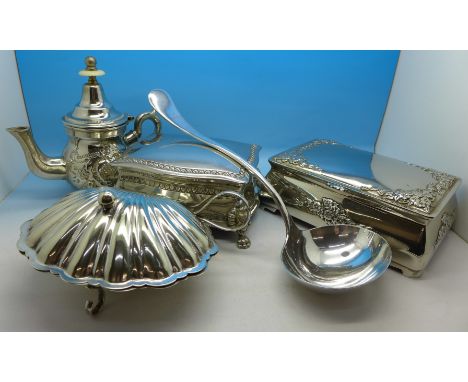 Two silver plated boxes, ladle, teapot and shell shaped dish