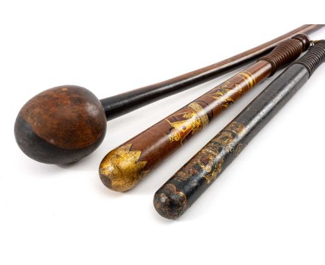 POLICE CLUB HOUSE: THREE CLUBS, comprising two Victorian Police truncheons, both with crowned VR cyphers, one ebonised beech 