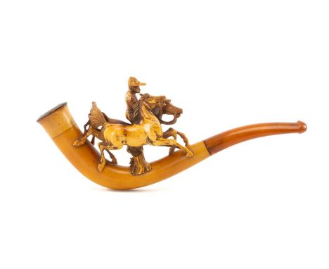HORSE RACING CLUB HOUSE: MEERSCHAUM PIPE, carved with jockey on horseback leading an unsaddled horse, amber mouthpiece, 19.5c