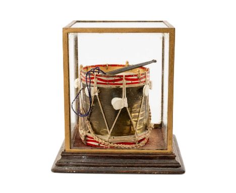 MILITARY CLUB HOUSE: MINIATURE TINPLATE REGIMENTAL SNARE DRUM, for The Essex Regiment, with drumsticks, and applied battle Ho