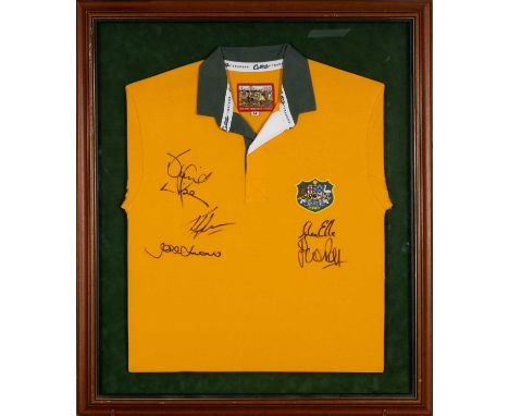 THE RUGBY CLUB HOUSE: SIGNED AUSTRALIA WORLD CUP WINNERS RUGBY JERSEY, inner label Cotton Traders Classics, size M, embroider
