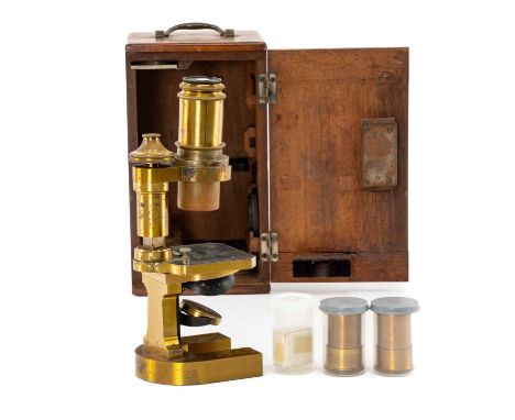 SCIENCE CLUB HOUSE: CARL ZEISS LACQUERED BRASS MICROSCOPE, no. 7137, with Watson 1" and 1/6" lenses, a few other accessories,