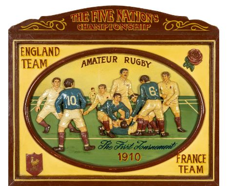 RUGBY UNION CLUB HOUSE: FIVE NATIONS CHAMPIONSHIP WOODEN VIGNETTE, carved in relief, commemorating 1910 'The First Tournament