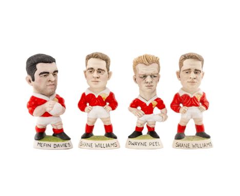RUGBY UNION CLUB HOUSE: THE WORLD OF GROGGS FIGURES Shane Williams, Dwayne Peel, and Mefin Davies, all signed 'Hughes, Wales'