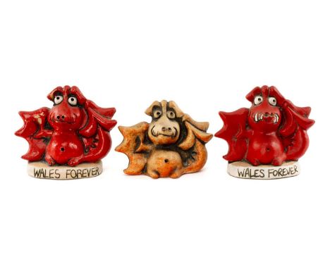 RUGBY UNION CLUB HOUSE: JOHN HUGHES GROGGS Welsh dragons, two inscribed 'Wales Forever' (hollow), the third signed 'John Hugh