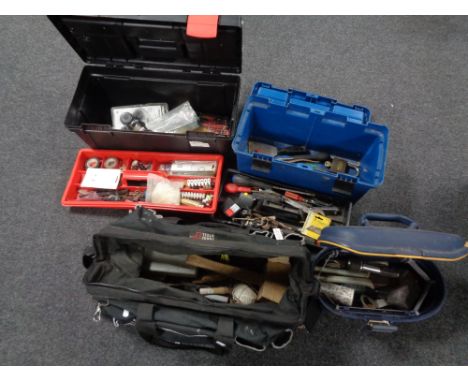 A tool bag and three plastic tool boxes containing a quantity of assorted hand tools.  