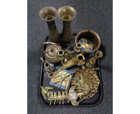 A tray containing assorted brass ware to include Eastern brass vases, two way candlestick, coat hooks etc.  