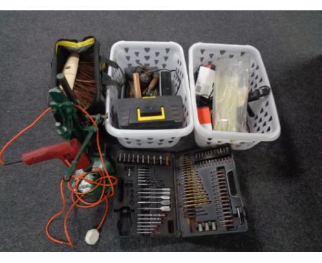 Two crates and a bag containing assorted hand tools, power tools, oil cans, together with an electric drill on drill stand.  