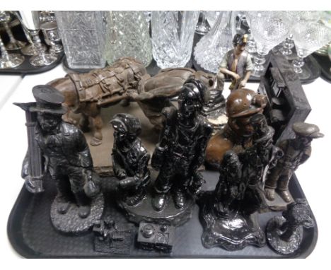 A tray containing composite and coal figures, miners, Victorian chimney sweep etc.  